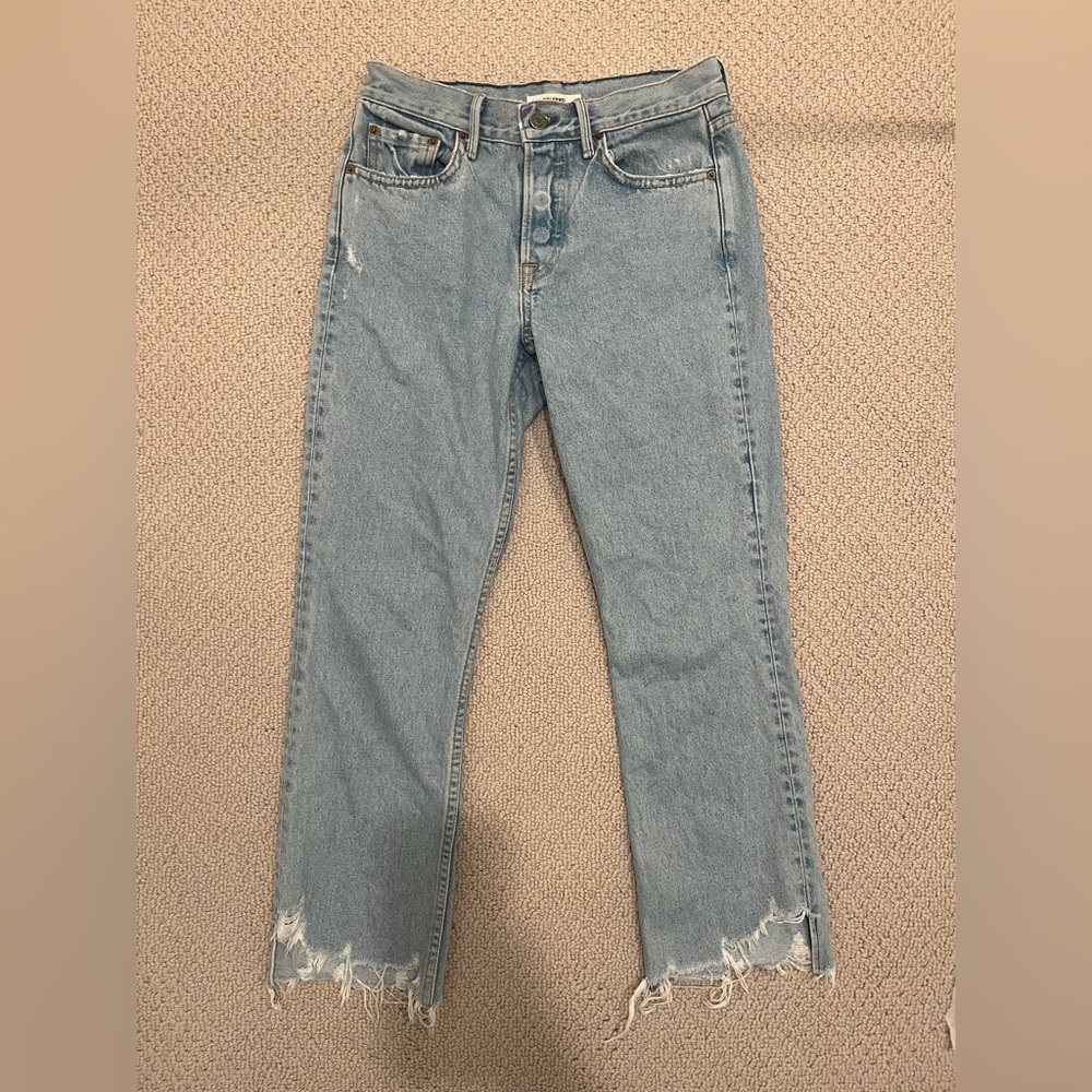 GRLFRND Blue Straight Leg Jeans with Distressed Hem